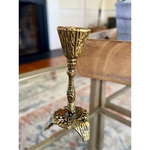 Vtg Mid Century Judaica Brass Brutalist Shabbat Candle Holder - Picture 3 of 10